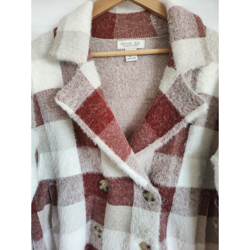 Rachel Zoe Ivory Brown Plaid Knit Collared Button Front Cardigan Sweater L - Picture 3 of 10
